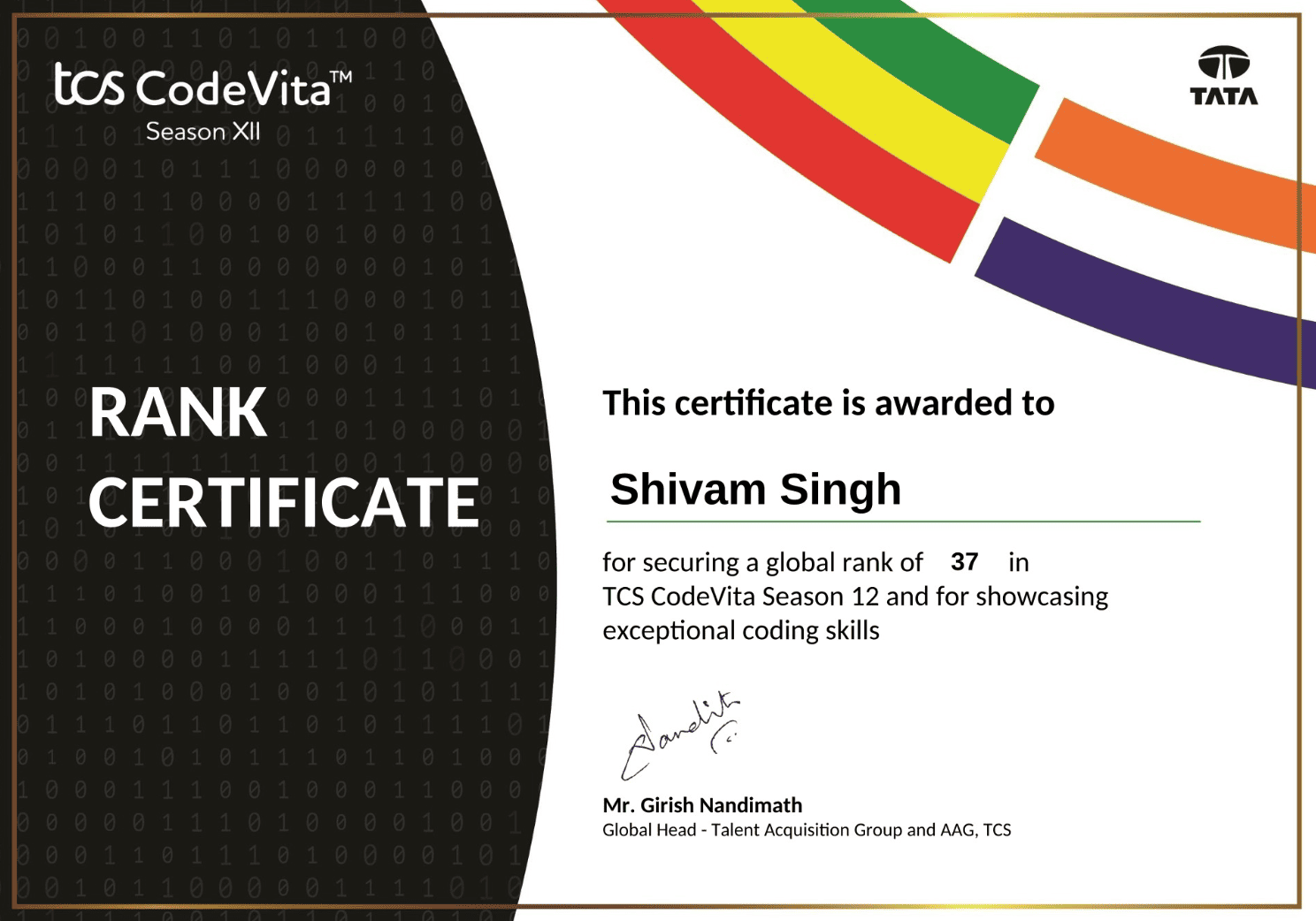 TCS CodeVita Season 12 Rank Certificate
